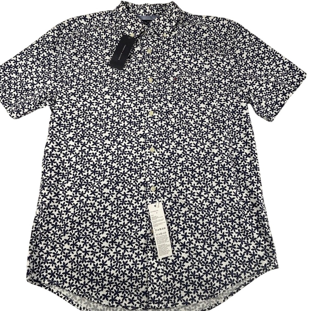 Tommy Hilfiger Mens Floral Short Sleeve Button Down Shirt Navy White Stretch M‎